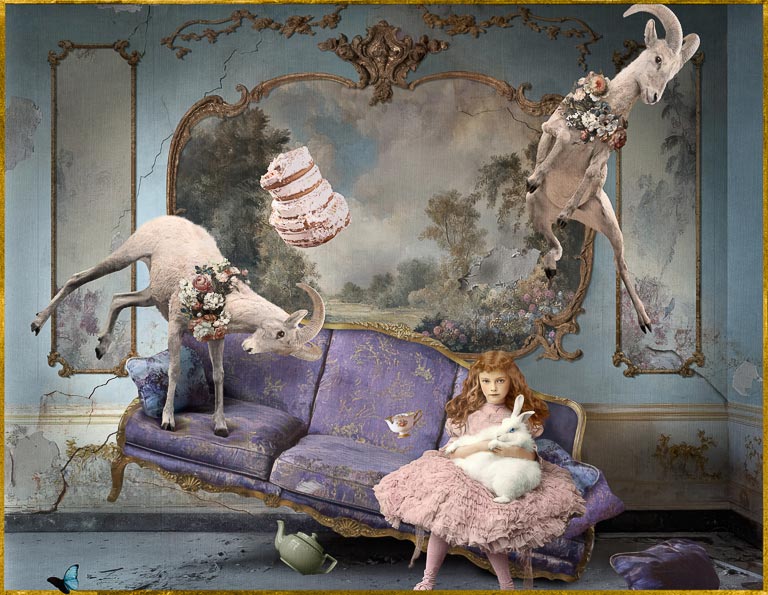 In "High Tea" by Corinne Geertsen, 2 Bighorn sheep romp in a Rococo room. A girl on a sofa holds a white rabbit.